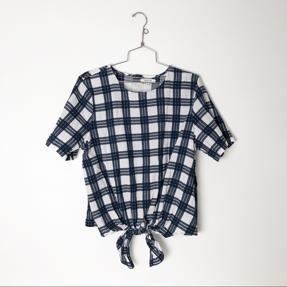 NWOT Madewell blue plaid cotton shirt tie front - Picture 1 of 8